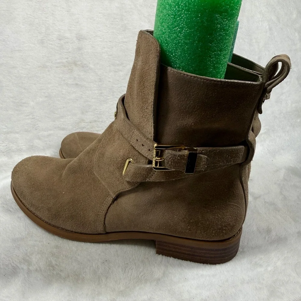 Michael Kors Womens Taupe Suede Buckle Ankle Boots Gold Logo Plate 7.5